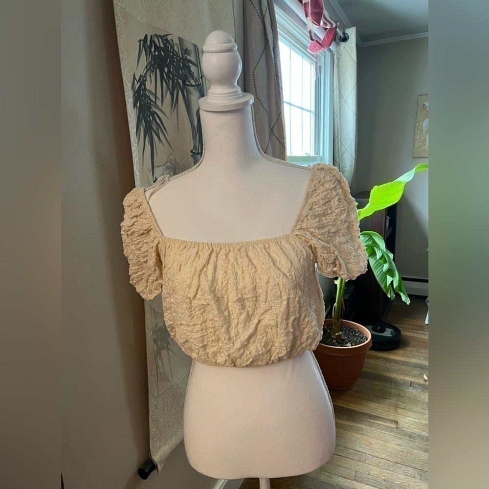 Zara Cotton Blend Gauzy Textured Square Neck Puff Sleeves Crop Top Cream L